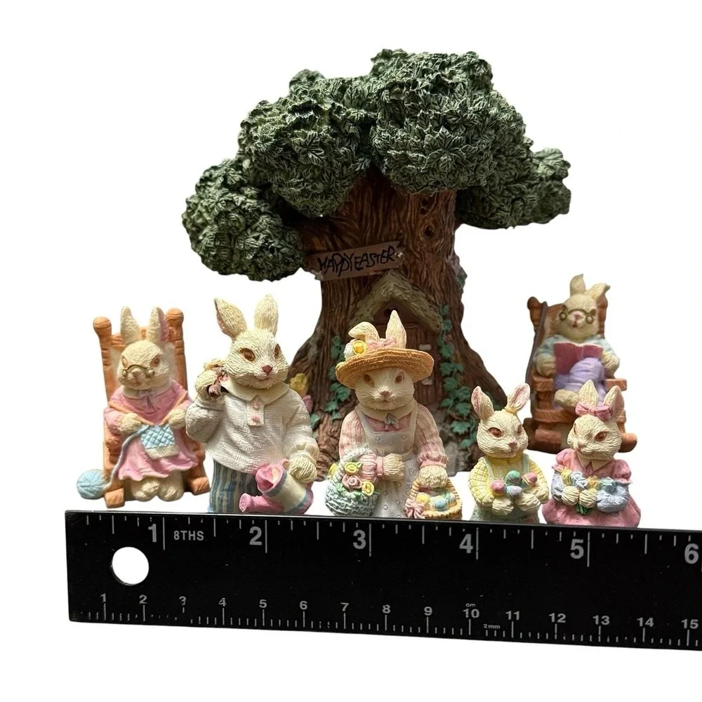 Vintage Easter Village Set 7Pc Bunny &‎ Lighted Tree House Light Works